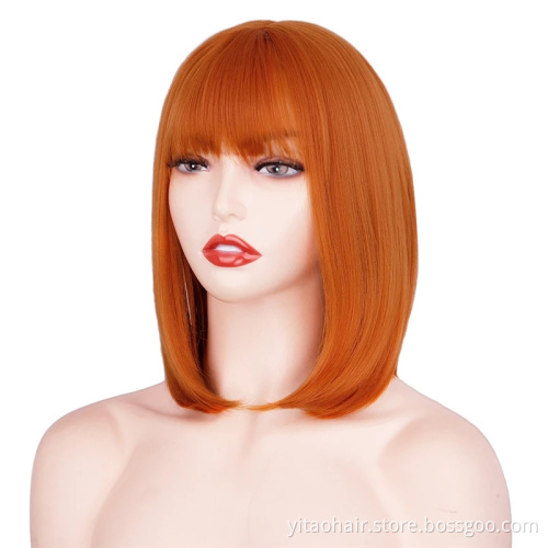 Anogol Cheap colorful  Synthetic hair Bob Wigs With Bangs  copper ginger orange  silk straight synthetic hair  wigs